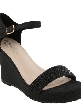 De Blossom Collection Black Glitter Crystal Wedge Sandal with Ankle Strap size 9
